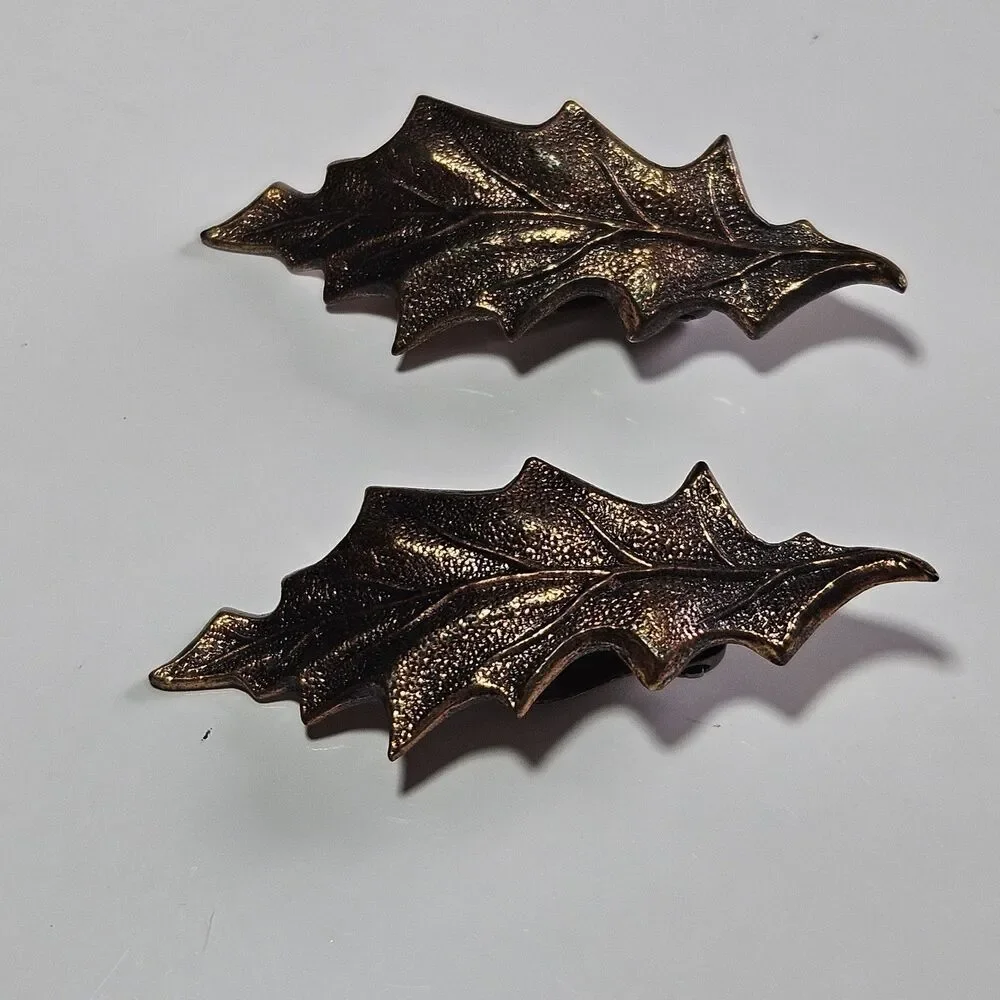 Ballou 1950's Copper Tone Metal Leaf Clip On Earrings Pat. 2583988